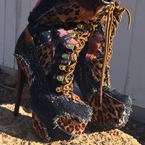 Denim/cheetah print heeled boot